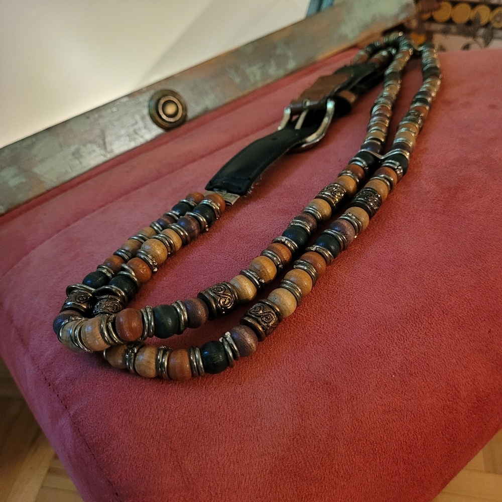 Vintage Wooden Beaded Belt In Light Brown Leather - M/L - Picture 2 of 5